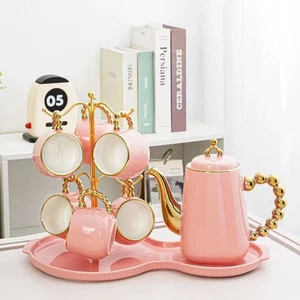 Royal 8pcs Ceramic Tea and Coffee Set with Tray & Mug Tree Stylish Pink & Gold - Picture 1 of 4