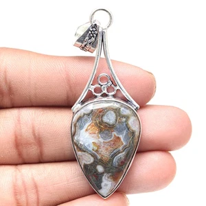 Pendant Crazy Lace Agate Gemstone Valentine'Day Gift Silver Jewelry 2.75" - Picture 1 of 7