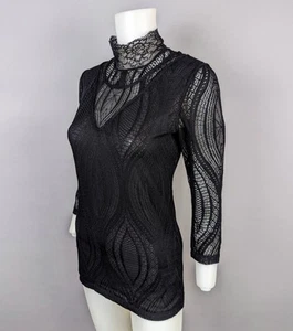 Free People Sheer Black Mesh Lace Turtleneck Top 3/4 Sleeve Goth Stretch Small - Picture 1 of 6