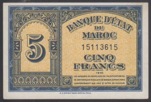 Morocco  5  Francs  1943  XF++  P. 24(1),   Banknote, Circulated - Picture 1 of 2