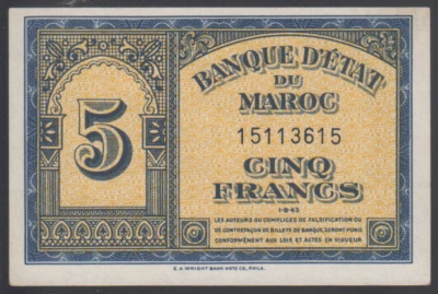 Morocco  5  Francs  1943  XF++  P. 24(1),   Banknote, Circulated - Image 1 of 2