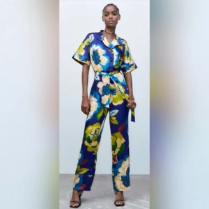ZARA Women Blue Multicolored Floral Print Short Sleeve Belted Jumpsuit Sz S NWT - Picture 1 of 8