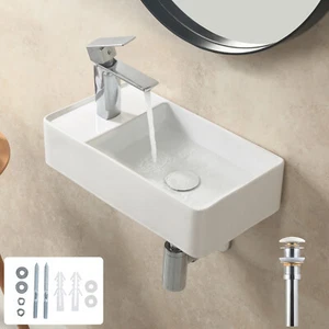 White Ceramic Bathroom Wall Mount Sink Left Hand Small Wash Bowl Pop-up drain - Picture 1 of 9