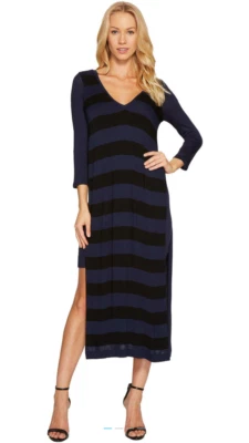 Three Dots Lightweight Stripe Double V-Neck Dress | Black/Nht Iris | LG (US) 12  - Image 1 of 4
