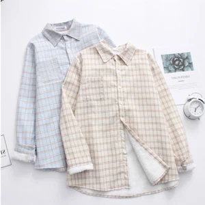 Girl Plaid Check Shirt Tops Long Sleeve Fleece Lined Warm Thick Preppy Style - Picture 1 of 12