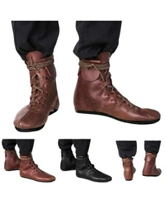 Medieval Knight Viking Lace-Up PU Leather Boots Cosplay Pirate Retro Costume - Picture 1 of 8