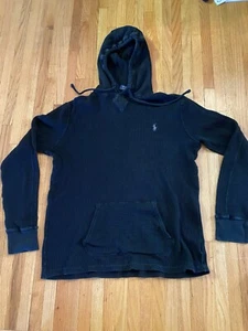 Polo Ralph Lauren Waffle Knit Thermal Hoodie Mens XL Black Pullover Sweatshirt - Picture 1 of 4
