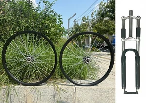 26 inch 10G Heavy Duty Double Wall Spoke Wheel Set Front & Rear Rim & Bike Fork - Picture 1 of 22