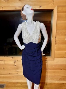 DRESSBARN COLLECTION Size 14Navy with Ivory Lace V-Neck Ruched Pleated Dress! - Picture 1 of 4