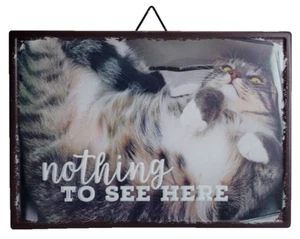 ''Nothing to See Here'' Embossed Cat Image Metal Wall Plaque Hanging 7 x 10'' - Picture 1 of 3