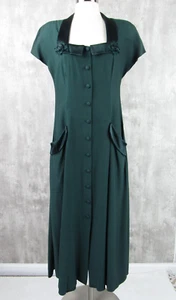 Vintage 90s does 40s Wild Rose Green Fit Flare Midi Button Front Tea Dress Sz 6 - Picture 1 of 6