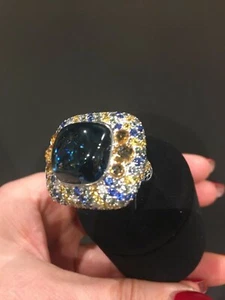 Lab-Created Cabochon Shape Blue Sapphire With Multi Color Gemstones Dome Ring - Picture 1 of 5