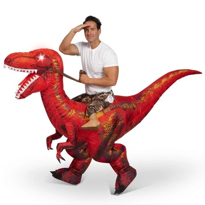 Disfraz de dinosaurio inflable para adulto, con ojos de luz LED montando una rapaz, rojo D... Foto 1 de 4