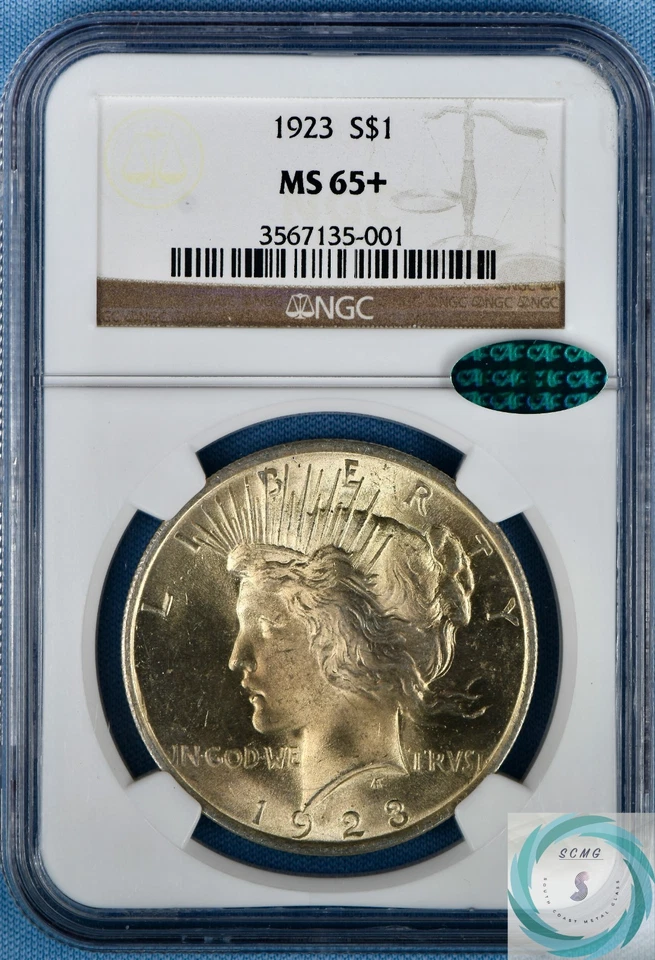 1923 Peace Dollar NGC MS 65+ w/CAC - Brilliant Amber Gold - Image 1 of 4
