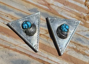 Vintage Native American Nickel Silver & Turquoise Western Shirt Collar Tips Leaf - Bild 1 von 17