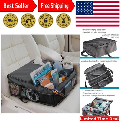 Elegante organizador de oficina de coche gris con dispensador de pañuelos y correa para cinturón de seguridad Foto 1 de 4