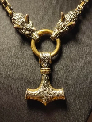 Wikinger Herren Halskette schwer in Gold mit Wölfen und Thors Hammer - Bild 1 von 4