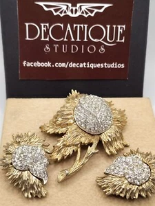 Ledo stilisierte Blume goldfarben & verkrustet Pave Strass Brosche & Ohrringe - Bild 1 von 5