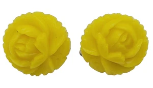 Carved Yellow Rose Celluloid Small Petite Vintage 1960 to 70 Screw Back Earrings - Picture 1 of 16