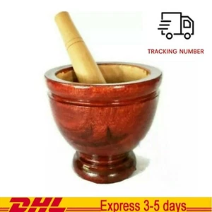 9" Wooden Mortar Grinder &Pestle Thai Som Tam Papaya Salad Cooking Tools Kitchen - Picture 1 of 12
