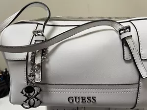 Guess Monogram Shoulder Bowling Weekend Bag White With Silver Charm - Picture 1 of 4