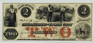 1859 Lyon City Iowa SCHATZER VON LYONS STADT $ 2 veraltete Währung - Bild 1 von 2