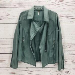 Free People Jacket Womens Size M Green Full Zip Linen Blend Moto Biker Military - Picture 1 of 15