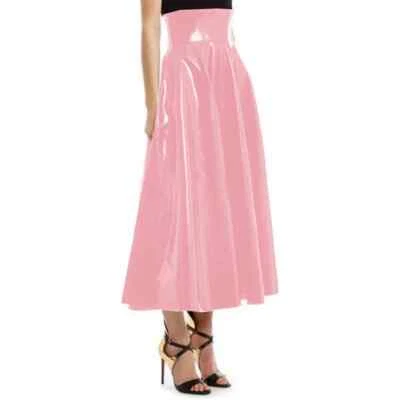 Shiny PVC Leather Fashion High Waist Long Pleated Skirt Women Vintage Midi Skirt - Image 1 of 4