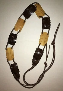 70's Vintage carved coconut shell bamboo belt leather sash Boho Hippie - Picture 1 of 4