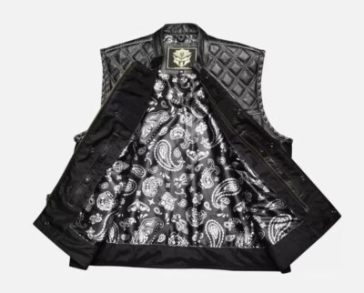 Men's Black Leather Vest Diamond Motorbike Style Concealed Waistcoat White - Image 1 of 4