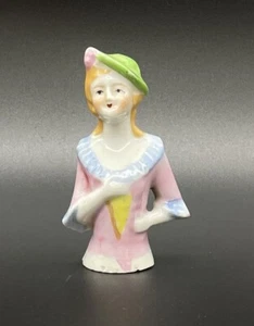VINTAGE 3-5/8” Porcelain Ceramic Lady Red Hair Green Hat Made in Japan Half Doll - Picture 1 of 8