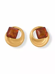 Baltic Amber Cognac Circle Wave Post Earrings 24k Gold-plated Silver - Picture 1 of 1