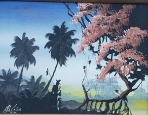 Vintage Signed JULIO CESAR Tropical Caribbean Landscape Painting Puerto Rico - Picture 1 of 4