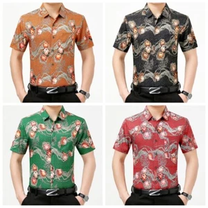 Men Floral Tops Shirts Casual Formal Printed Retro Flower Short Sleeve - Picture 1 of 10