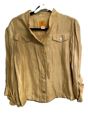 Ruby Rd Women's Gold Metallic Cropped Jacket Shirt Size 14 Holiday Party Sparkle - Image 1 of 4