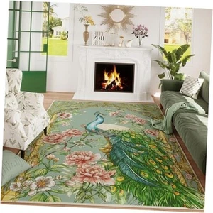 Living Room Rug 5x7 Rug Machine Washable Floral Peacock Animal Area Rug Non - Picture 1 of 8