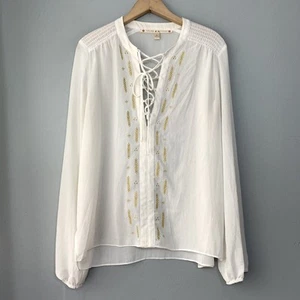 Chelsea & Violet Size Large Sheer Top Embroidered Lightweight Lace Up Boho Chic - Picture 1 of 8