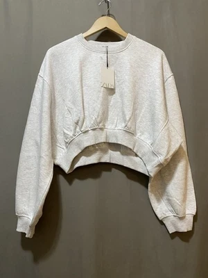 NUEVO CON ETIQUETAS ZARA Mujer Ribete Acanalado Cepillado Interior Sudadera Corta Talla L Gris Brezo Claro Foto 1 de 4