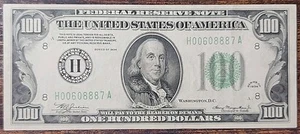AU+ 1934 US $100 Federal Reserve Note Julian & Morgenthau St Louis H00608887A - Picture 1 of 2