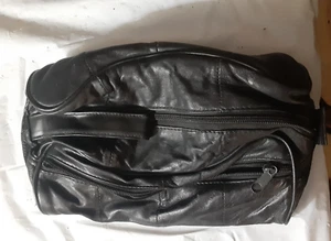 Vintage schwarz Leder Kulturbeutel Reisetasche Doppelreißverschlussfach Reißverschlüsse 10" - Bild 1 von 5