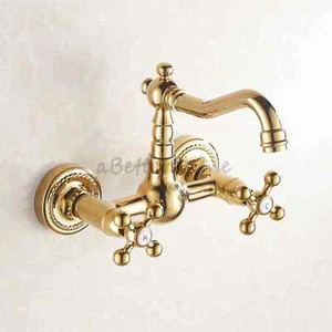 Gold Polished Swivel Spout Bridge Wall Mounted Faucet Dual Handle Sink Mixer Tap - Picture 1 of 6