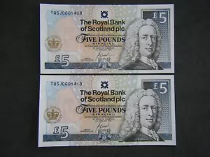 2 x UNC Royal Bank Of Scotland £5 Five Pounds 2002 Golden Jubilee Consecutive - Picture 1 of 2