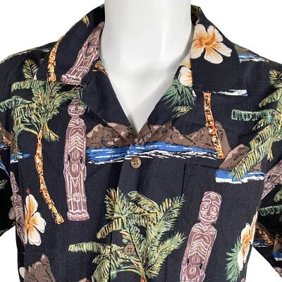 Camisa Newport Azul Hawaiana Aloha XL Palmeras Hibisco Tiki Negra Foto 1 de 4