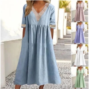 Ladies V Neck Lace Pocket Dress Casual Loose Linen Cotton Long Dresses SIZE 8-22 - Picture 1 of 13