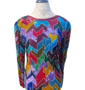 Vintage 80er Oleg Cassini schwarz Tie Pailletten Top dezent Puff Schulter 8 Neujahr - Bild 1 von 8