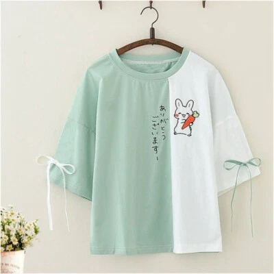 Girl Japanese Kid Short Sleeve Embroidery Rabbit Shirt Tee Chic Student Thin Top - Image 1 of 4