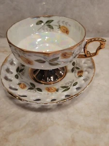 Vintage UCAGCO Japan Ceramic Tea Cup And Saucer Yellow Rose Opalescent And Open - Picture 1 of 10