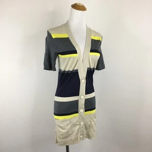 THEORY Yellow Gray Oatmeal Striped 100% Wool Knit Cardigan Womens sz Small - Picture 1 of 15