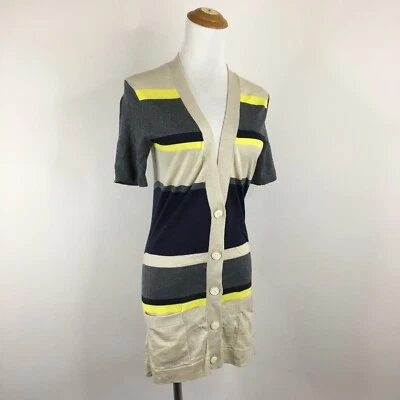 THEORY Yellow Gray Oatmeal Striped 100% Wool Knit Cardigan Womens sz Small - Image 1 of 4