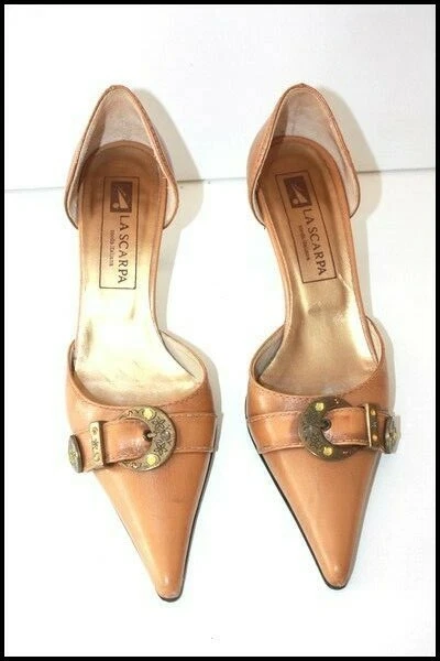 LA SCARPA Escarpins Très Pointus Tout Cuir Marron Bijoux T 37 TBE - Photo 1/4